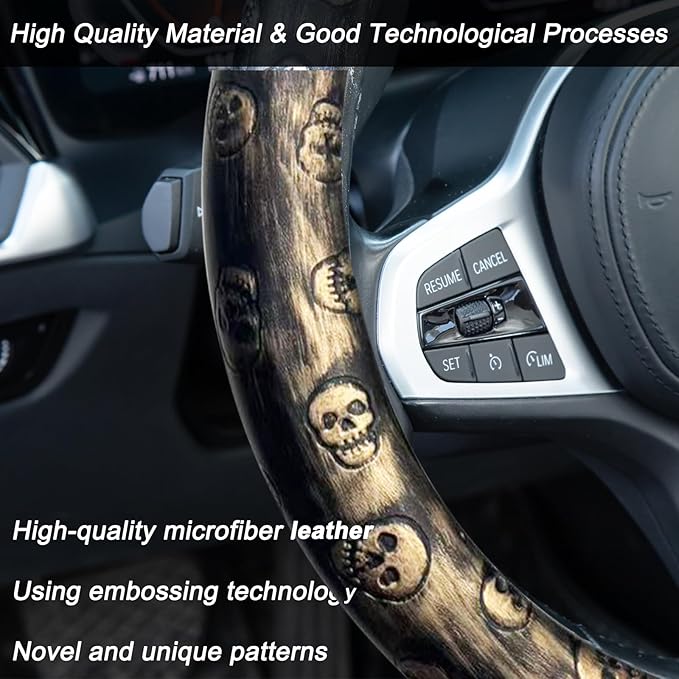 Embossed Skull Steering Wheel Cover, Skull Car Accessory, Microfiber Leather with Anti-Slip Lining, Fits 14.5"-15" Steering Wheels (Black Gold)