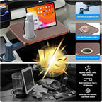 Car Tray& Car Desk for Laptop,Dual 360° Rotating,Anti Slip Leather Surface, Food Tray, Cup Holder Table Compatible with Tesla Model Y/3/S, Ford F150/Explorer/Maverick/Home Theater Seating (Brown)