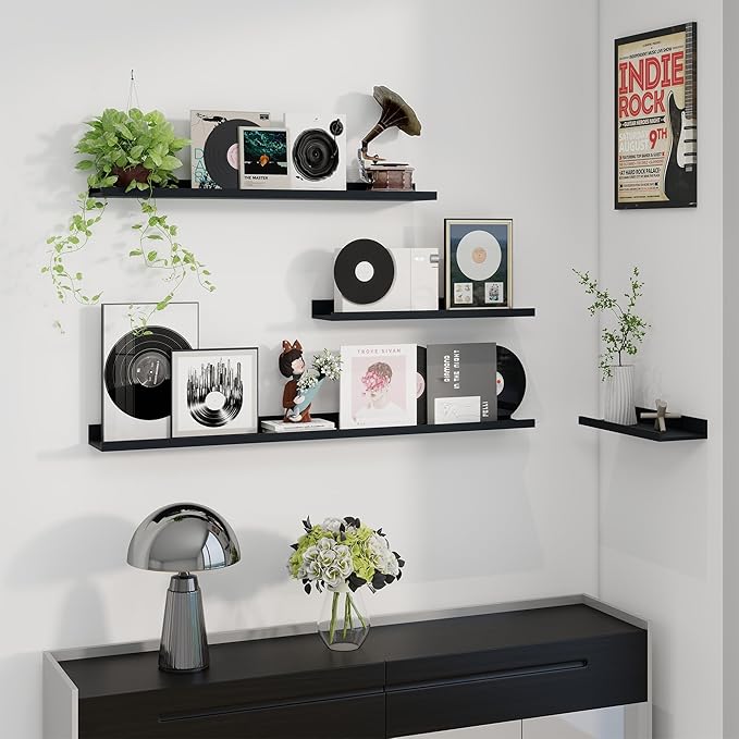Axeman 48 Inch Floating Shelves | Black Picture Ledge Shelf Set of 3 | Rustic Wood Wall Shelves with Lip | 48" Black Picture 
