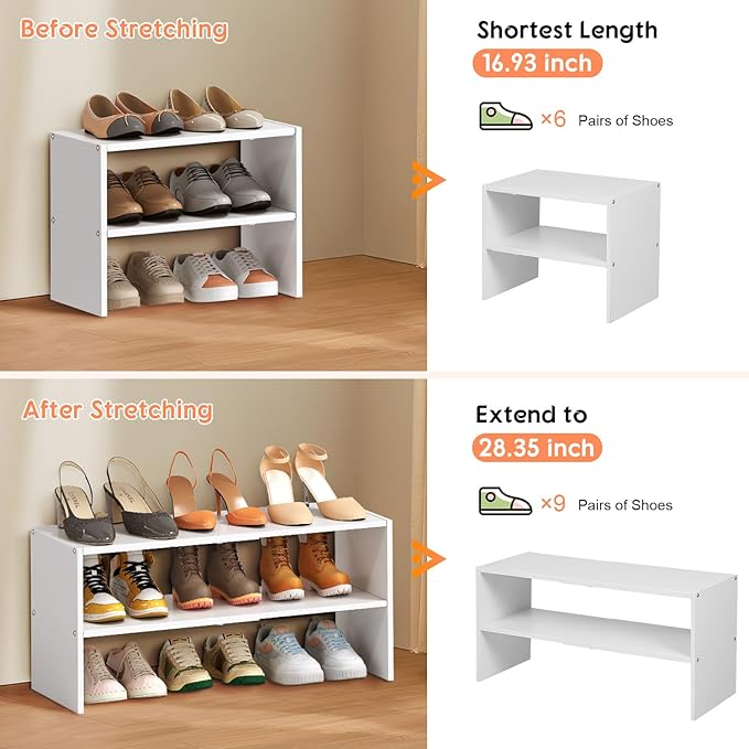 2-Tier Expandable White Shoe Rack Organizer for Closet, Stackable Shoe Rack Storage Shelf, Small Iron Wood Combination Shoe S