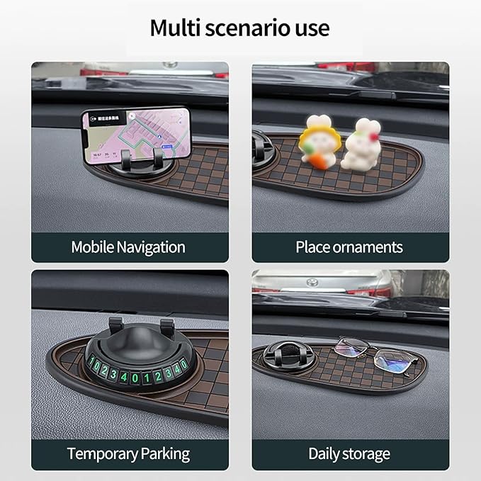 Multifunctional Car Dashboard Organizer - Anti-Slip Phone Holder with 360° Rotation, Parking Number Pad & Storage for Sunglas