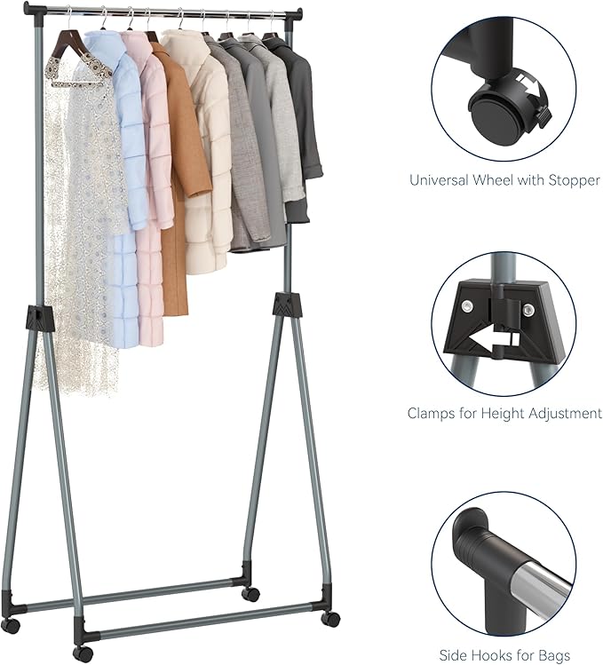 Whitmor Foldable Garment Rack - Rolling Clothes Rack - Adjustable Height Garment Rack, Heavy Duty Foldable Clothes Rack with 