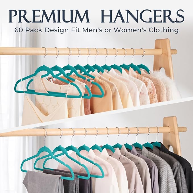 HOUSE DAY Mint Green Velvet Hangers 60 Pack, Non Slip Clothes Felt Hanger Heavy Duty for Coat, Premium Slim Space Saving Suit