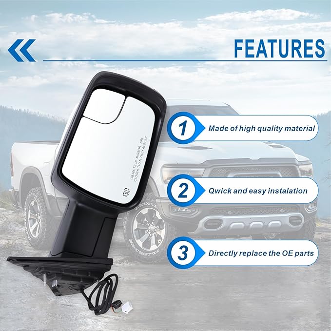 Right Passenger Side Mirror Compatible With 2019-2026 Ram 1500 With Power Folding Power Glass Heated Turn Signal Puddle Light Matte Black Replace#68276500AH (8+2Pins)