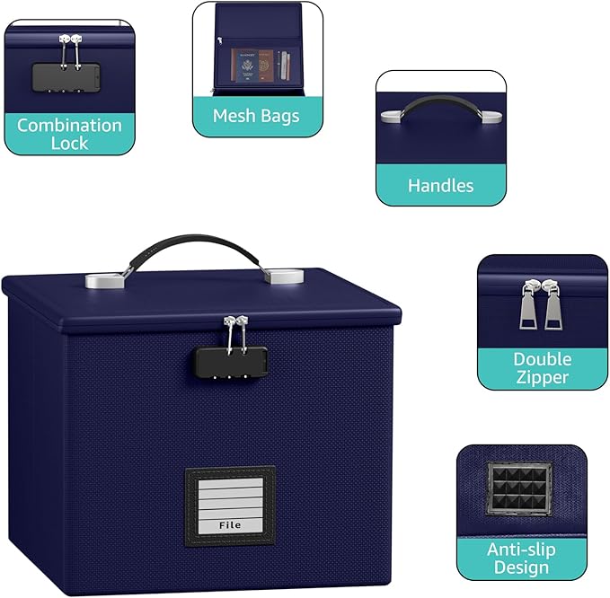 Navy blue Fire Proof File Box for Documents - Portable Fireproof Document Organizer Box with Handle Waterproof Safe Locking F