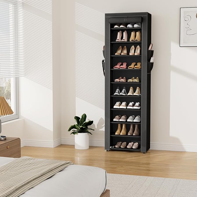 VTRIN Vertical Narrow Shoe Rack Organizer 10 Tier Tall Shoe Shelf Holds 20-22 Pairs with Non-Woven Dustproof Cover for Closet
