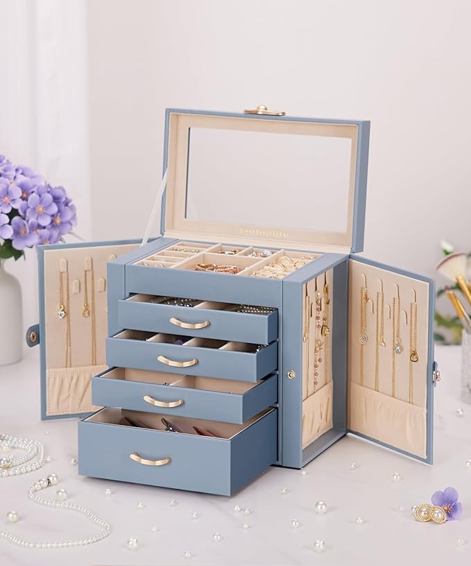 Enthralite Jewelry Box with 4 Drawers: Display Organizer for Earrings Necklaces - Gifts for Girls Women (Grey Blue)