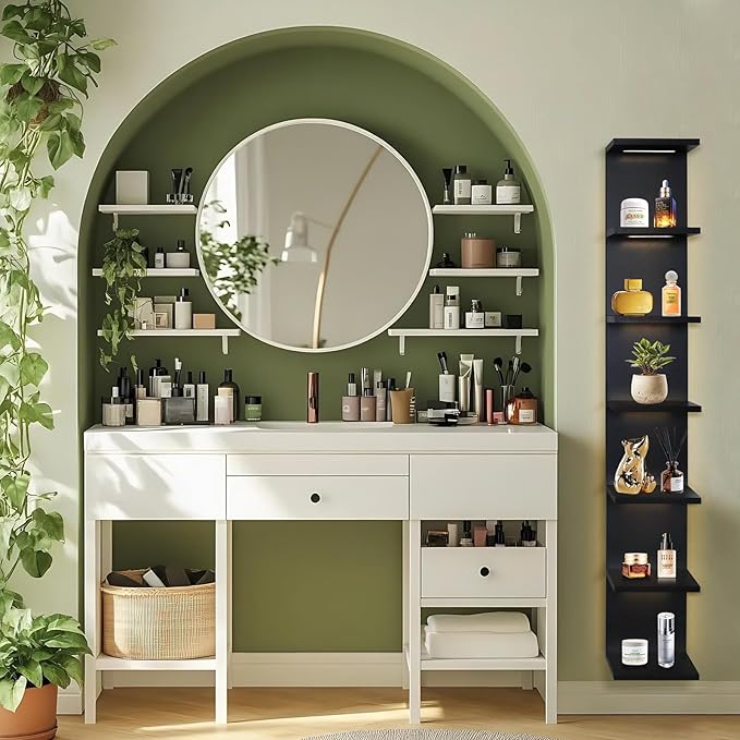 7-Tier Wall Shelf with 3 LED Lighting Modes, Multifunctional Wall Mounted Vertical Lack Shelf with Remote Control for Bedroom