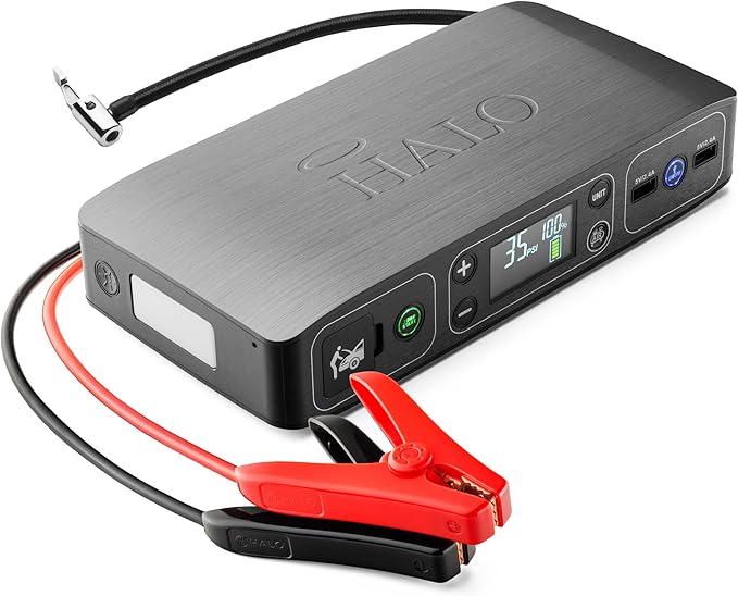 HALO Bolt Air 58830 Portable Car Battery Jump Starter | 100 PSI Air Compressor, 58.8Wh USB Power Bank, Emergency Floodlight