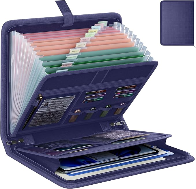 Fireproof Accordion File Organizer, Portable Expanding File Folder with Waterproof Zipper&Labels, Blue Document Organizer wit