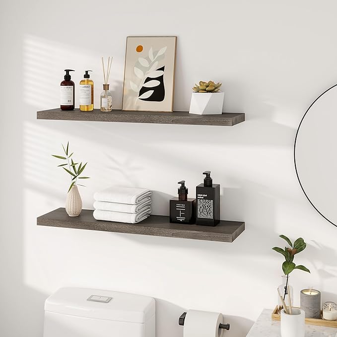 Vivelove Solid Wood Floating Shelves Set of 2, Elm Wood Wall Shelf with Invisible Bracket for Living Room Bedroom Bathroom Of