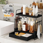 2-Tier Bathroom Counter Organizer with Drawer & Removable Basket, Wood & Metal Vanity Organizer for Skincare, Makeup, Perfume