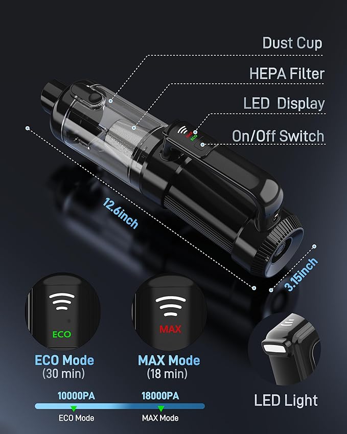 Handheld Vacuum Cordless, 18000PA Strong Suction Car Vacuum Cleaner Portable with Brushless Motor & LED Light, Hand Vacuum wi
