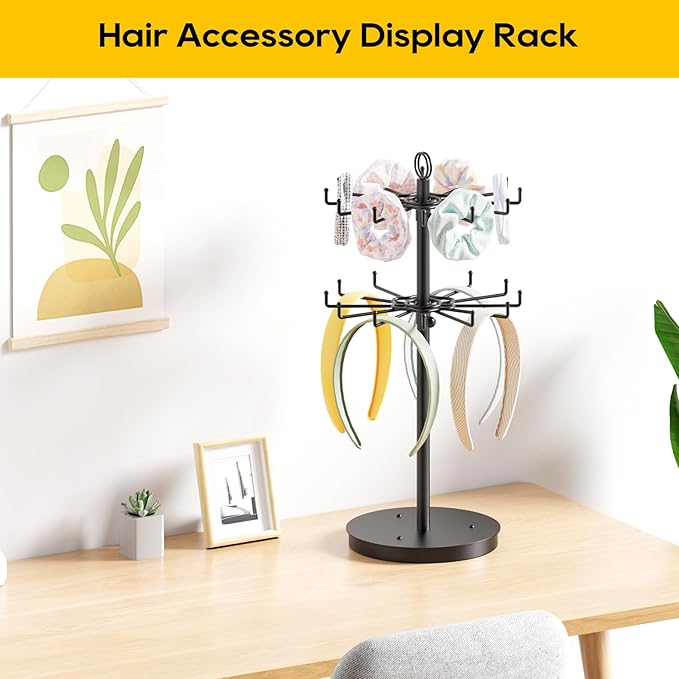 ORLESS 2 Tier Rotating Jewelry Display Stand, Keychain Display Stand with 24 Hooks, Black Metal Retail Display Spinning Holde