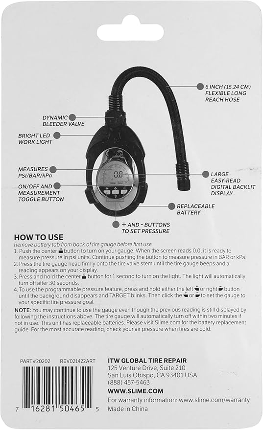 Slime 20202 Tire Pressure Gauge, Ultimate Digital, LED Light for Night Time Use 0-100 psi