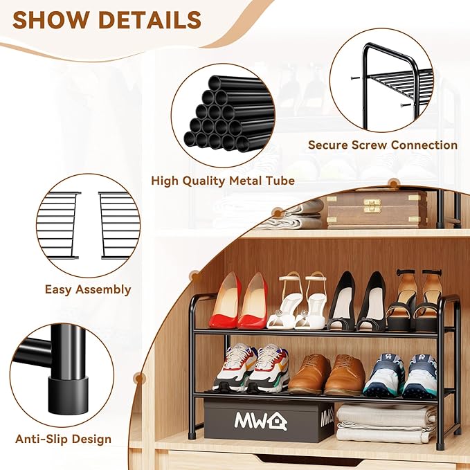 Shoe Rack, Closet Metal 2Tier 27 Inch Shoe Shelf Organizer for floor, Stackble & Adjustable, Black