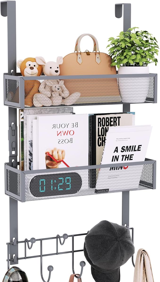 Consumest Over The Door Hooks Organizer - Extra Long Door Hanger with 9 Coat Hooks & 2 Mesh Basket, Back Storage Organizer Ha
