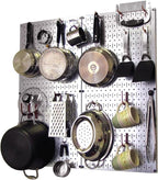 Wall Control Kitchen Pegboard Organizer Pots and Pans Storage Rack and Organization Kit with Metallic Silver Pegboard and Red