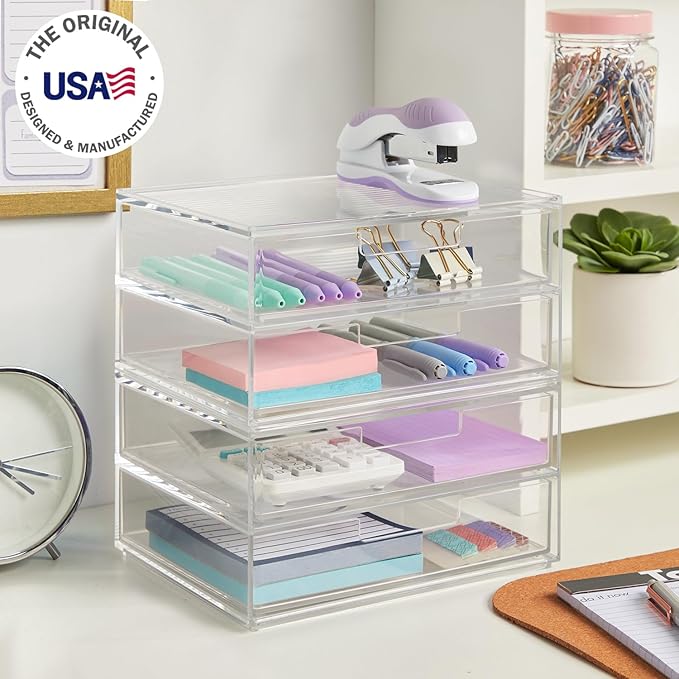 STORi Chloe Space-Saving Clear Drawer Organizer (4 Wide Drawers) Sort Office, Kitchen, Beauty Supplies, Makeup, Pens, Jewelry