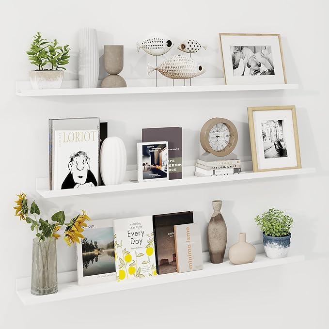 Axeman 48 Inch Floating Shelves | White Picture Ledge Shelf Set of 3 | Rustic Wood Wall Shelves with Lip | 48" White Picture 