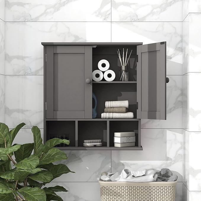TaoHFE Grey Bathroom Cabinet,Bathroom Wall Cabinet with 2 Door Adjustable Shelves,Over The Toilet Storage Cabinet,Bathroom Ca