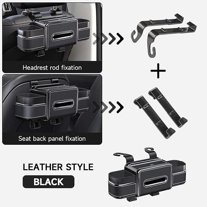 Multifunctional Car Seat Back Organizer Box with Drink Cup Holder, Makeup Mirror, Tissue Box& Hooks for Car Seat Back, New Upgrade Car Headrest Backseat Organizer Suitability for Wife, Girlfriend