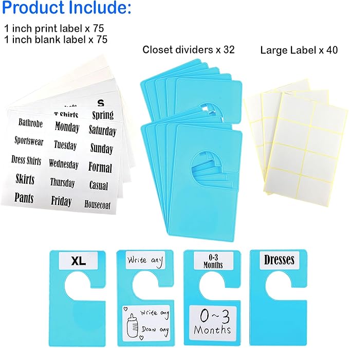 32 Pack White Clothing Rack Size Dividers Plus 75 Labels (1 Inch) and 30 Large Blank Labels, Large Rectangular Clothing Close