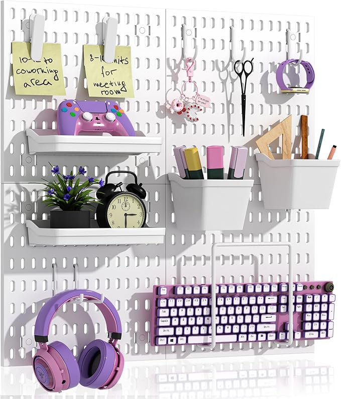 AKTOP Peg Board Wall Organizer 4-Pack – 12"x12" White Pegboard Combination Kit with 13 Accessories for Wall, Plastic Peg Boar