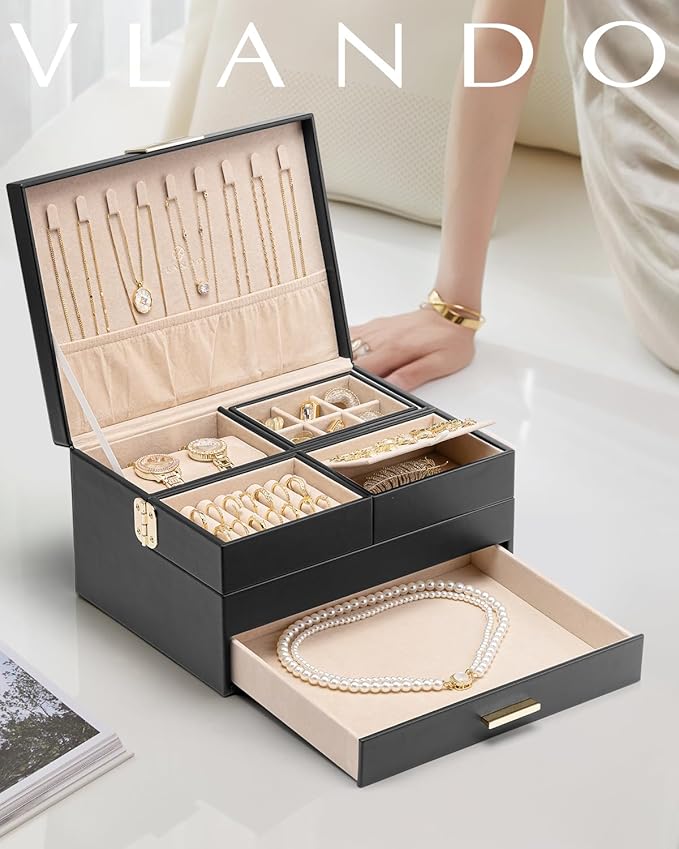 Vlando 3 Layer Jewelry Box - Women Jewelry Box with Retractable Tray - Jewelry Organizers with Drawer for Necklaces, Rings, B