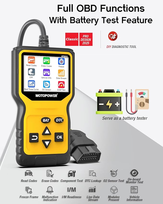 MOTOPOWER MP69033 Pro OBD2 Scanner Code Reader Check Engine Fault Light Diagnostic Scan Tool with Battery Tester