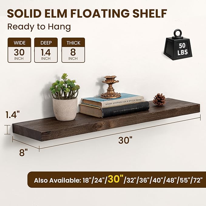 Dreamland Solid Wood Floating Shelves 30"x8" Set of 2 - Smooth Edge Elm Wall Mounted Shelf with Invisible Brackets, Minimalis