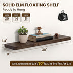Dreamland Solid Wood Floating Shelves 30"x8" Set of 2 - Smooth Edge Elm Wall Mounted Shelf with Invisible Brackets, Minimalis