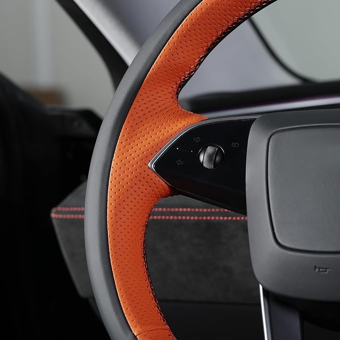 MEWANT DIY Stitching Real Leather Steering Wheel Cover Wrap for Tesla Model 3 Highland 2023-2025/Model Y 2025 Highland for Tesla Model 3/Model Y Accessories(3D Style)