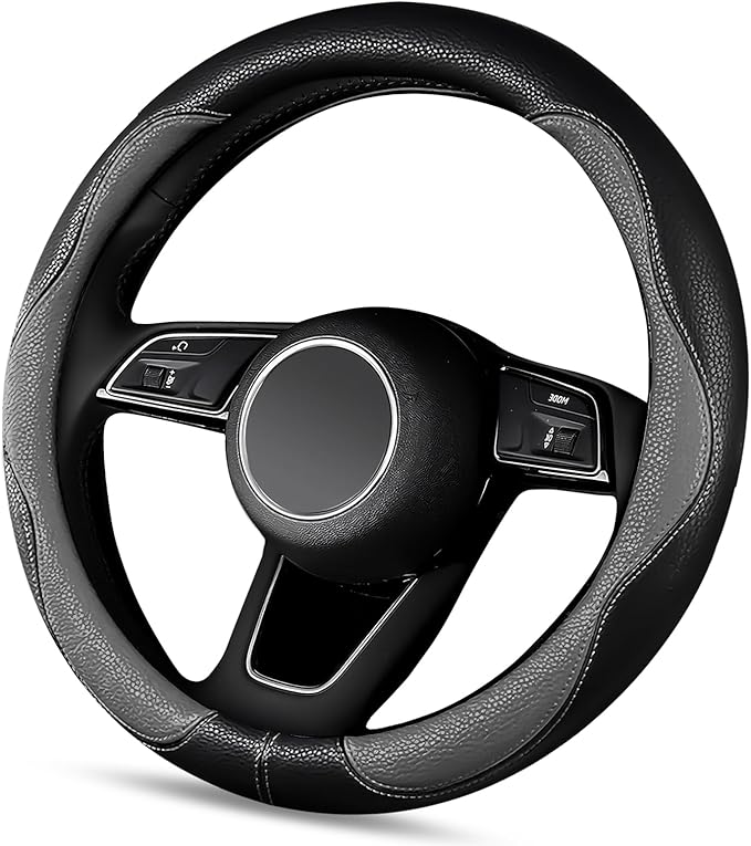 SuperKaKa Gray and Black Car Steering Wheel Cover 2025, Universal Auto PU Cute Breathable Slip-Proof Comfort Imitation Leathe