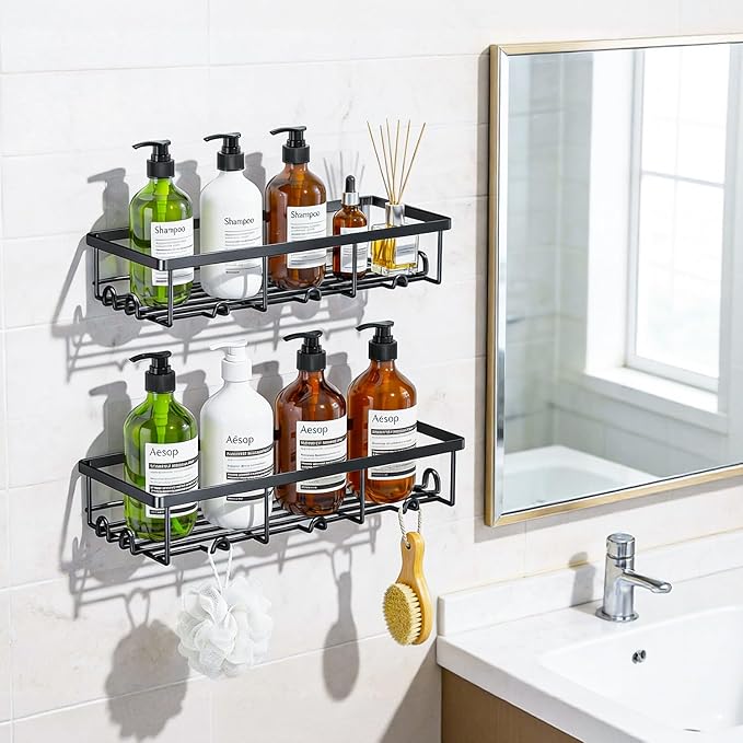 Shower Shelves for Inside Shower, 2 Pack Adhesive Bathroom Caddy Organizer Basket Rack for Storage and Organization, Wall Suc