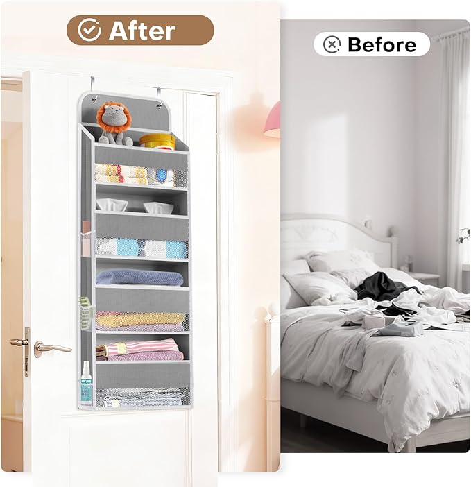 SpaceWhisper Over the Door Organizer, 4 Large Pocket Hanging Storage Organizer with 40lb Capacity, Space Saving for Nursery, 