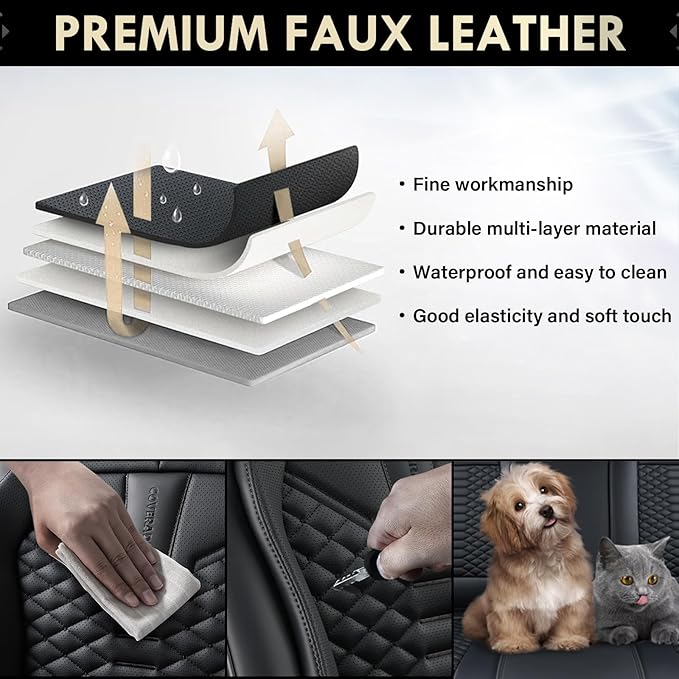 Coverado Leather Seat Covers, Car Seat Covers Full Set, Black Seat Covers for Cars, Car Seat Protector Waterproof, Car Seat C