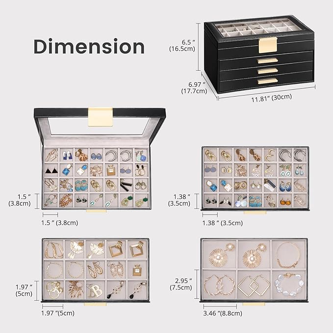 Lolalet Earring Storage Box Case with Glass Top, Large Earring Jewelry Holder Organizer Display with Drawer and Grid, Gifts f