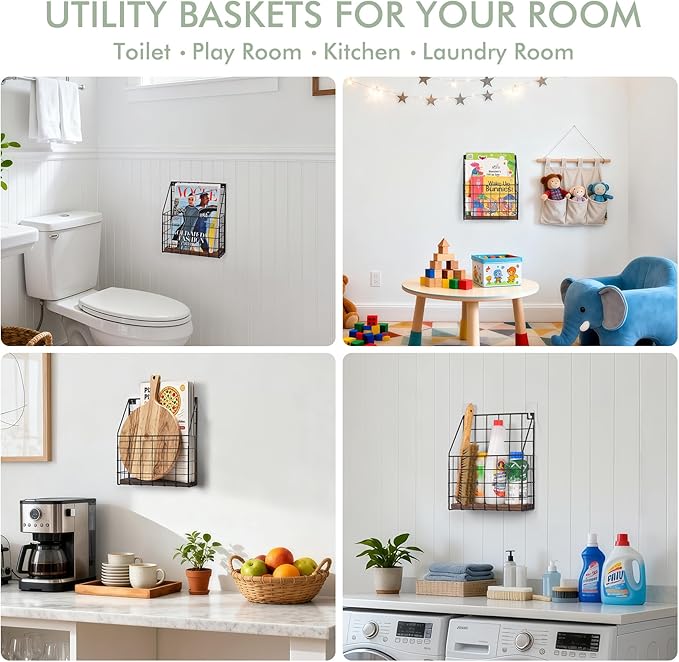 Mail Holder Magazine Basket - 1 Pack Black Wall Mount File Organizer Rack of Wooden Style with Adhesive Mounting - Metal Wire