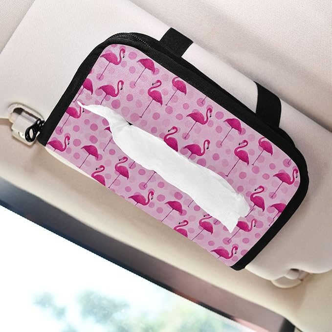 Car Tissue Holder Car Visor Organizer Tissue Box Holder for Car Sun Visor Organizer with Car Vehicle Accessories Essentials Interior for Women Men Pink Flamingos and Polka Dots