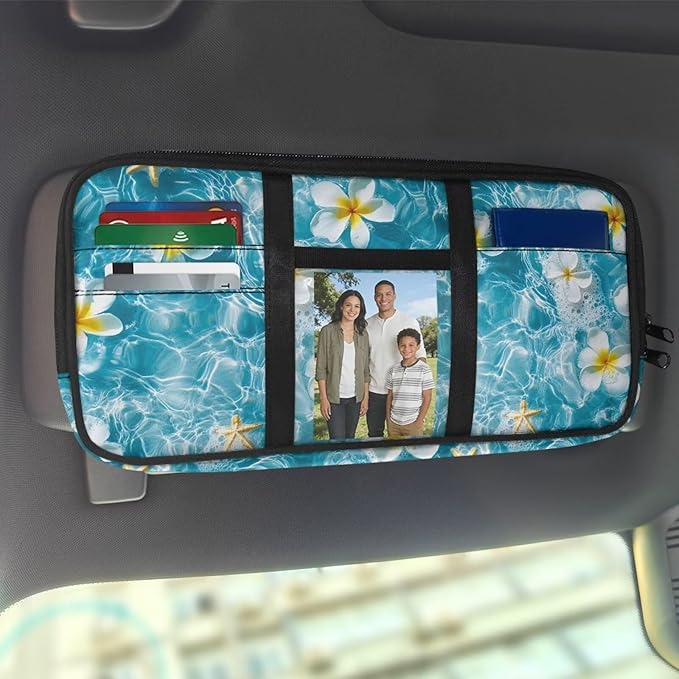 Car Sun Visor Organizer Easy to Store Sun Visor Organizer with Card Holder Big Zipper Pocket Cars Accessories Universal Fit for Most Cars SUV, Frangipani Print