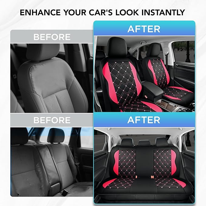 Road Comforts Seat Covers, Premium Leather Car Seat Covers Full Set for Women Girls,Airbag Compatible, Automotive Seat Covers