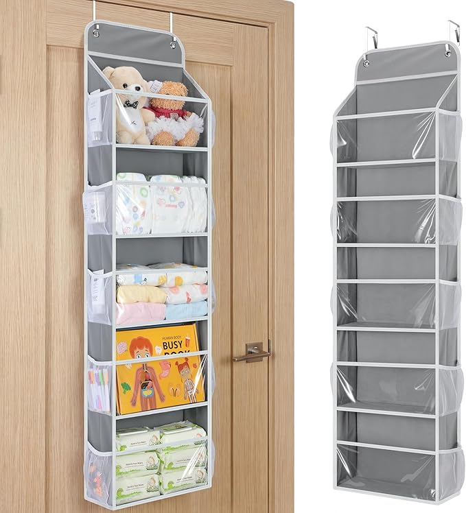 Yecaye 5-Tier Over the Door Organizer Hanging, Toy Stuffed Animal Storage, Behind the Door Storage with 5 Clear View Windows 