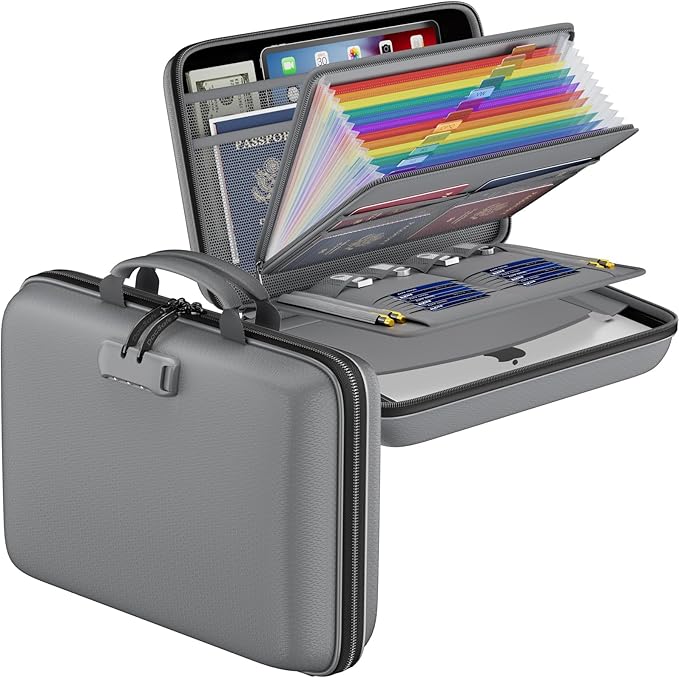 DocSafe Fireproof File Organizer with Lock, Hard-Shell Case Fireproof Document Box with 13 Pocket Accordion File Folder, Port