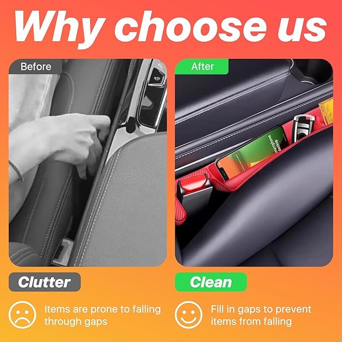 2PCS Car Seat Gap Filler, Anti-Drop Vehicle Console Crevice Blocker with 2 Storage Areas, Seat Side Seam Organizer Plug from Droping, Universal Automotive Interior Accessories (Red)