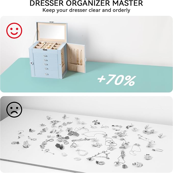 Frebeauty Large Jewelry Box,6-Tier PU Leather Jewelry Organizer,Multi-functional Storage Case with Mirror,Accessories Holder 