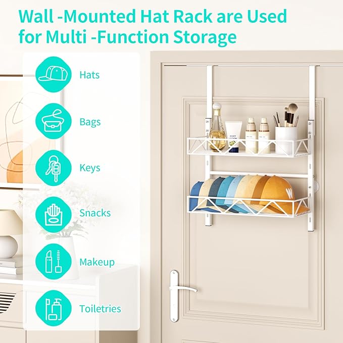 HapiRm Over the Door Hat Organizer - 2 Tier Wall Mounted Hat Rack with 2 Adjustable Metal Basket, Baseball Caps Organizer Sto