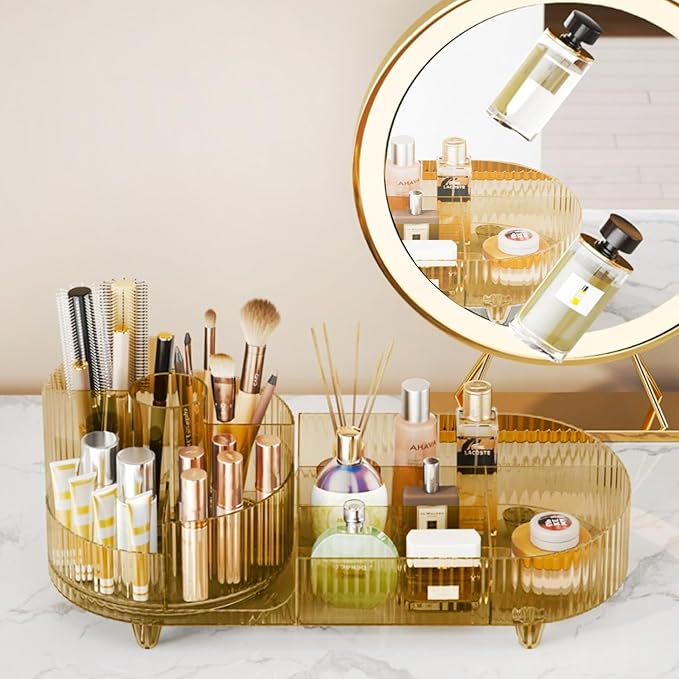 Rotating Makeup Organizer for Vanity with Brush Holder, Cosmetic Makeup Storage Organizer, Large Spinning Makeup Skincare Org