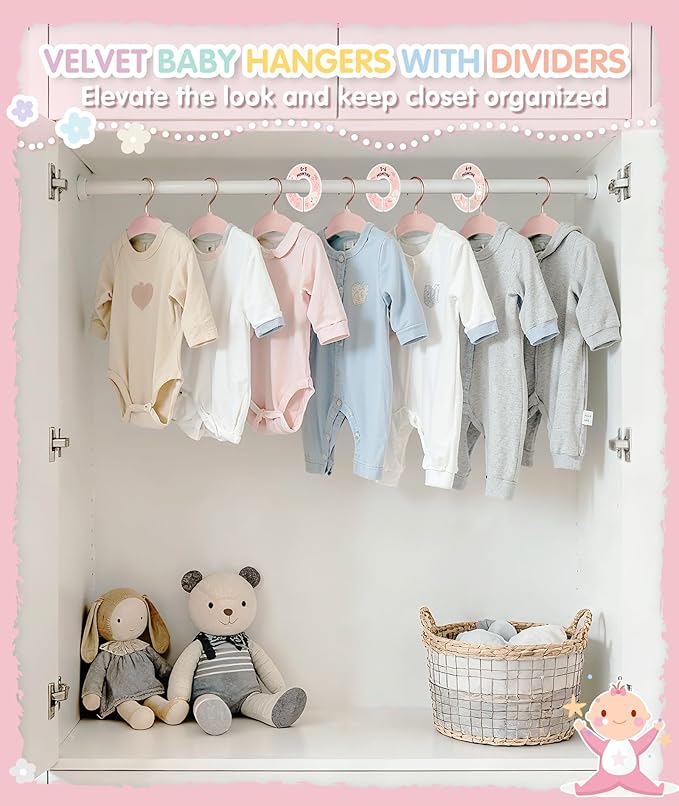 VIS'V Baby Hangers, 11 Inch Velvet Kids Hangers with 6 Pcs Clothes Size Dividers, Infant Toddler Nursery Closet Organization,