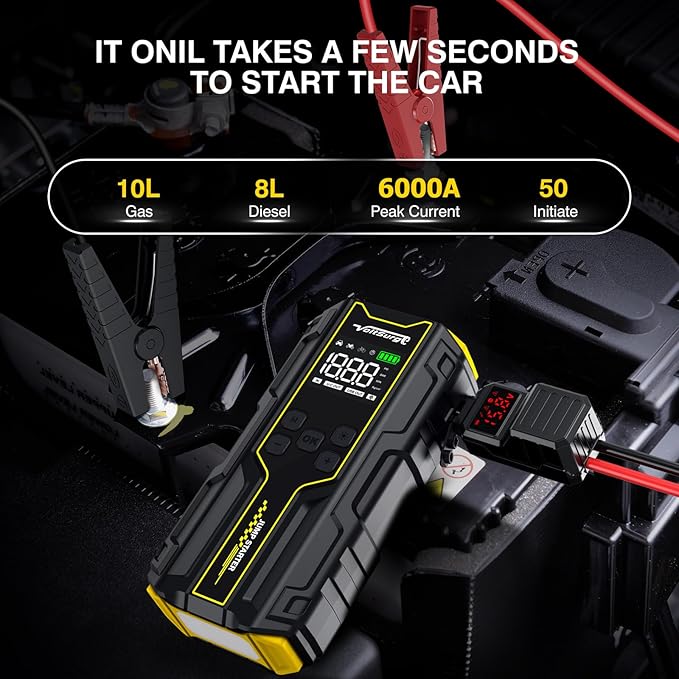 Car Jump Starter with Air Compressor, VoltSurge 6000A Peak 12V Battery Jumper Starter Portable Booster Pack, 150PSI Safe